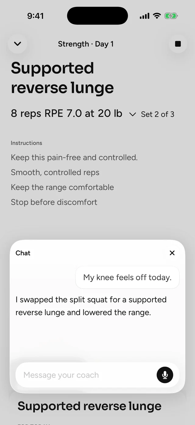 A mid-workout chat: “My knee feels off today.” The coach replies that it swapped the split squat for a supported reverse lunge and lowered the range.
