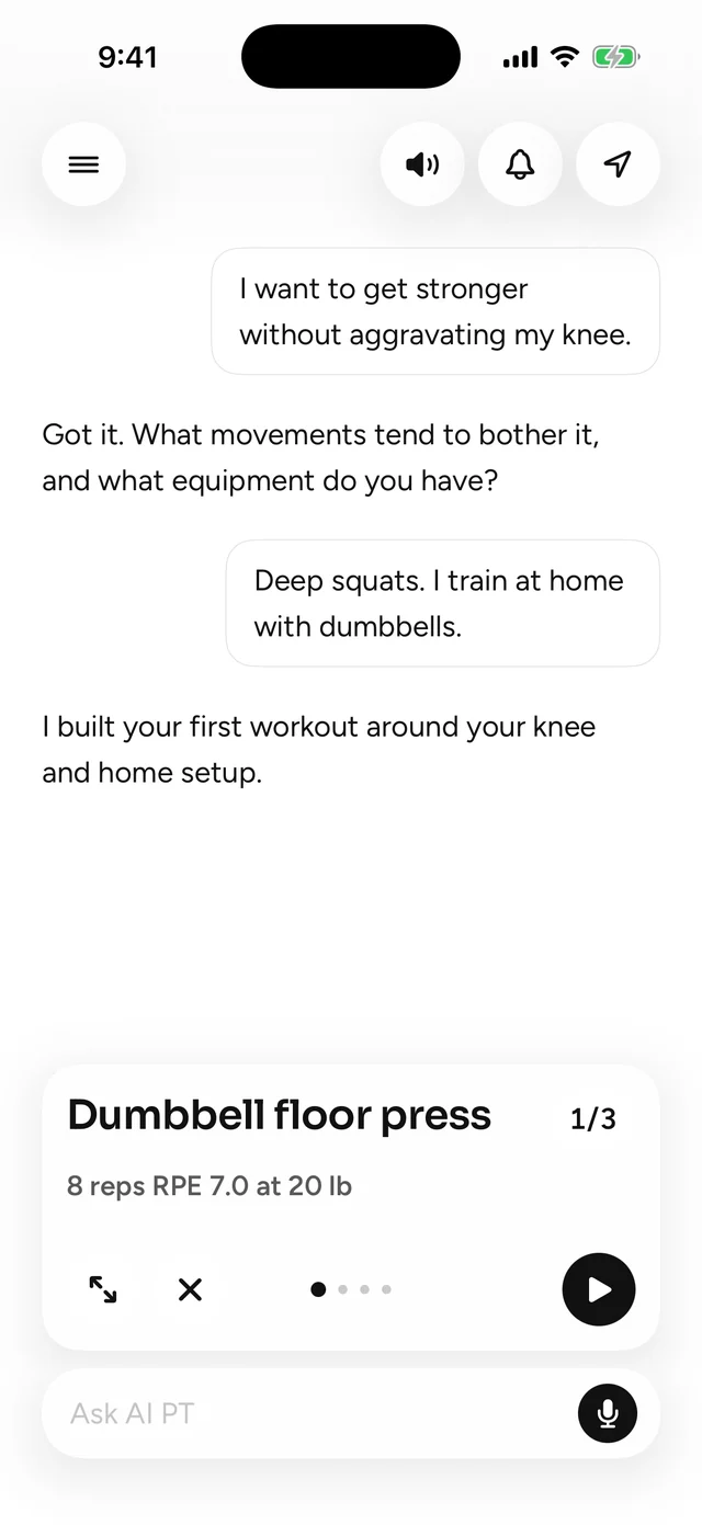 The Simplicity home screen: a conversation with the coach, with today’s first exercise, Dumbbell floor press, pinned above the message box.