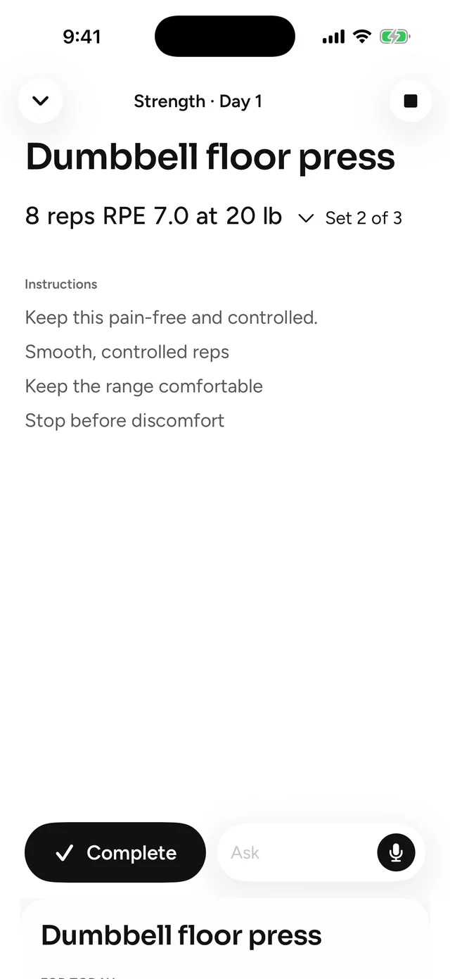 An active set of Dumbbell floor press: 8 reps at RPE 7.0 with 20 lb, set 2 of 3, with instructions and a Complete button.